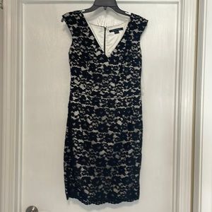 French Connection Black lace/white satin cocktail dress. Size 10.